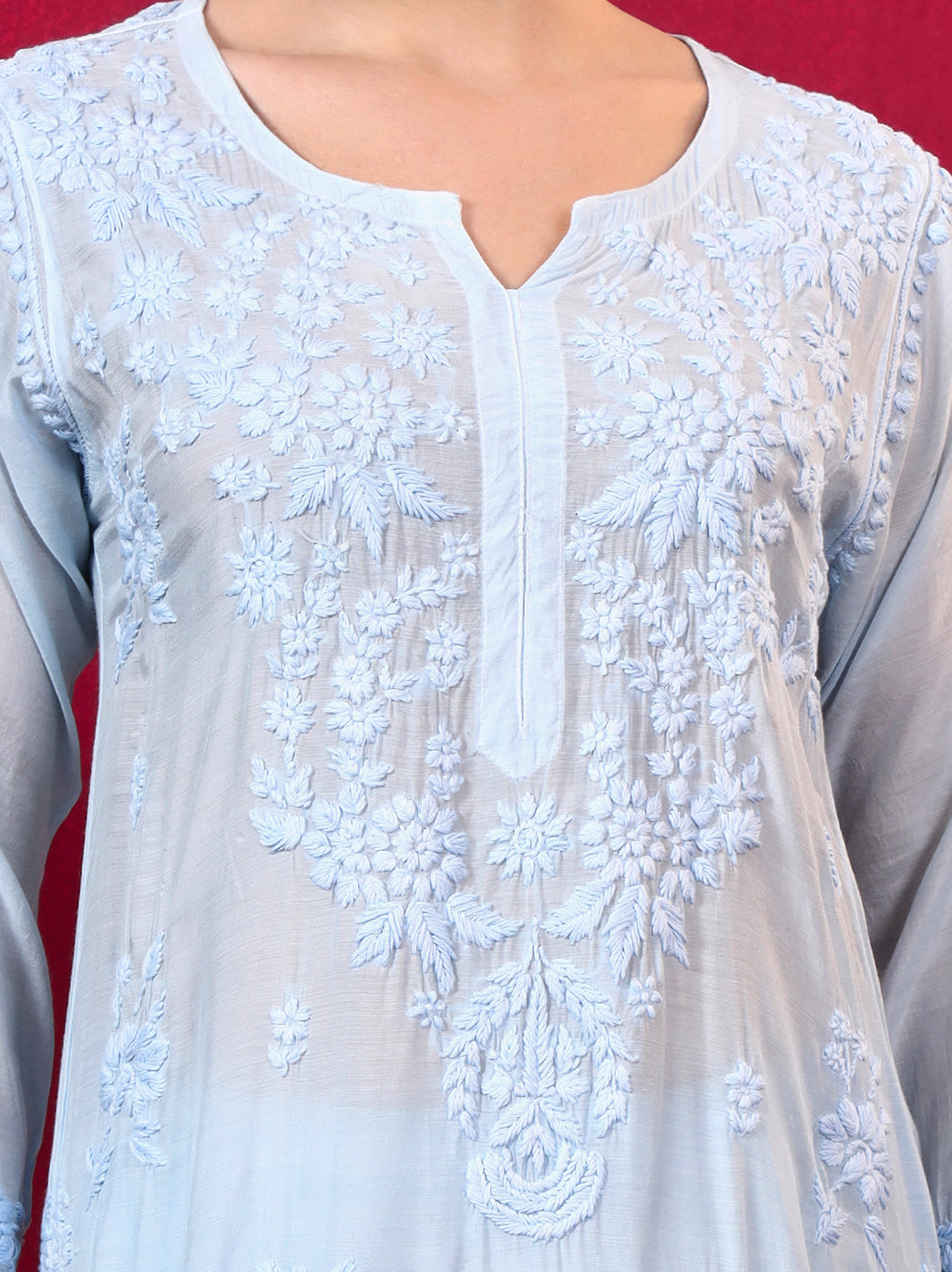 Yamika Muslin Chikankari Straight Kurta Set with Dupatta - Blue