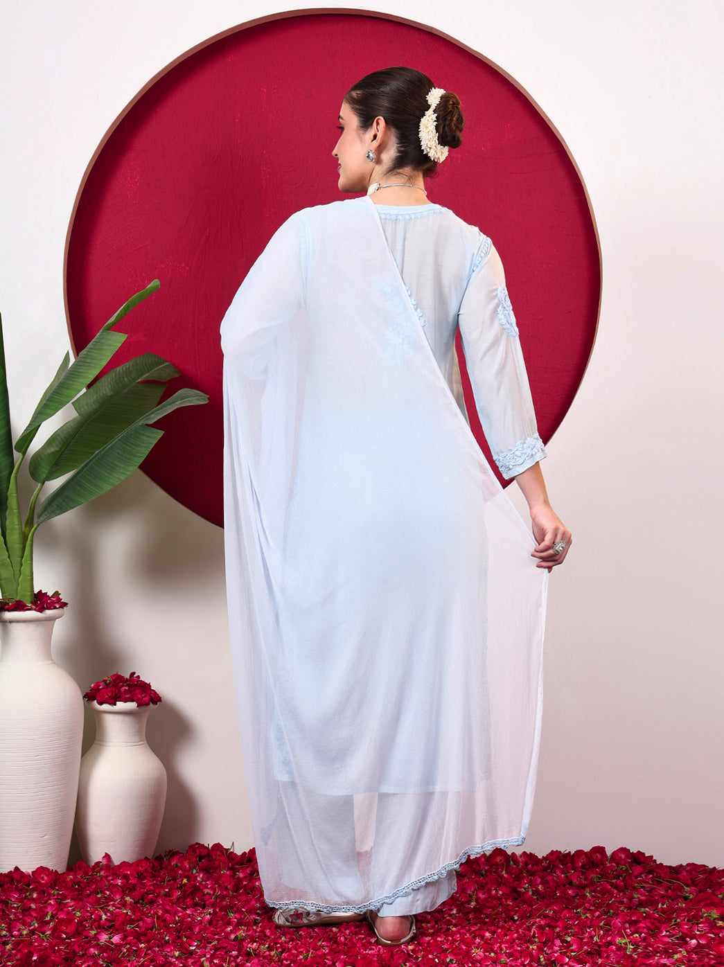 Yamika Muslin Chikankari Straight Kurta Set with Dupatta - Blue
