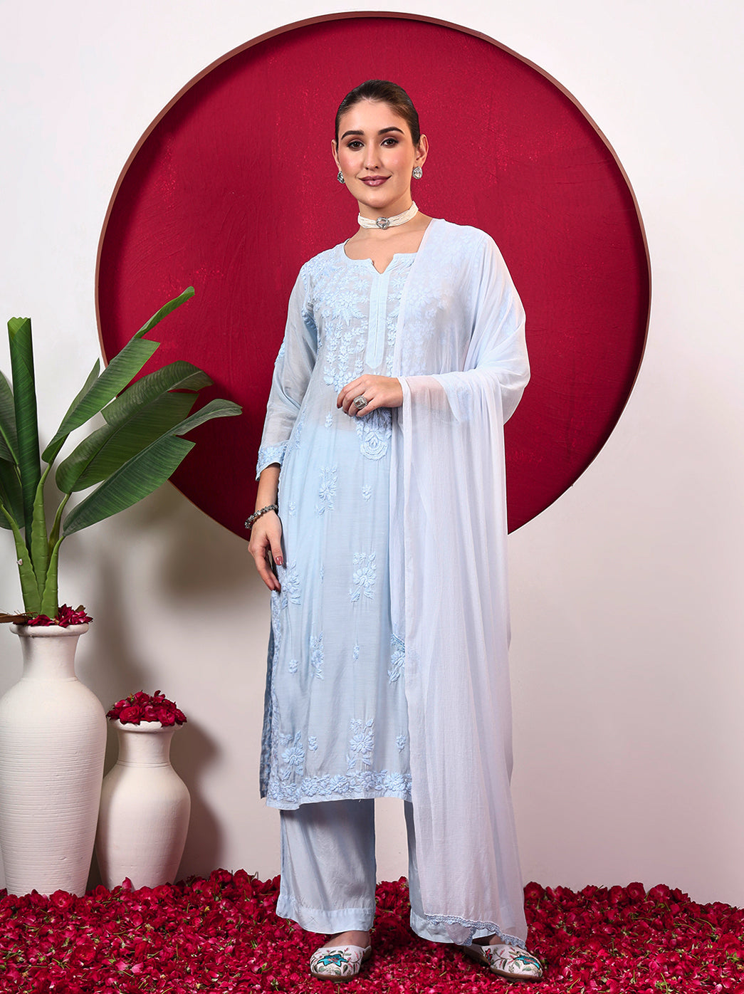 Yamika Muslin Chikankari Straight Kurta Set with Dupatta - Blue