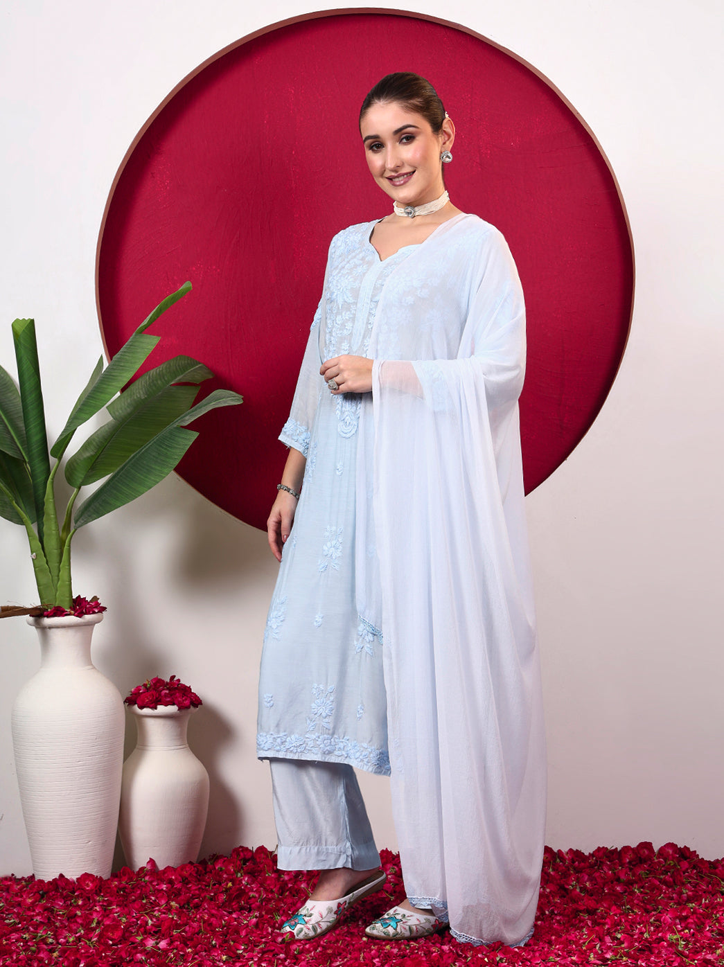 Yamika Muslin Chikankari Straight Kurta Set with Dupatta - Blue