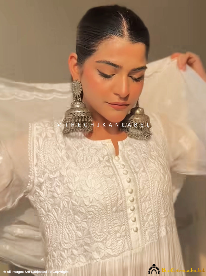 White Muslin Masakkali Tier Gown Lucknowi Chikankari Flare Kurti ,Chikankari Flare Kurti in Muslin Fabric For Woman