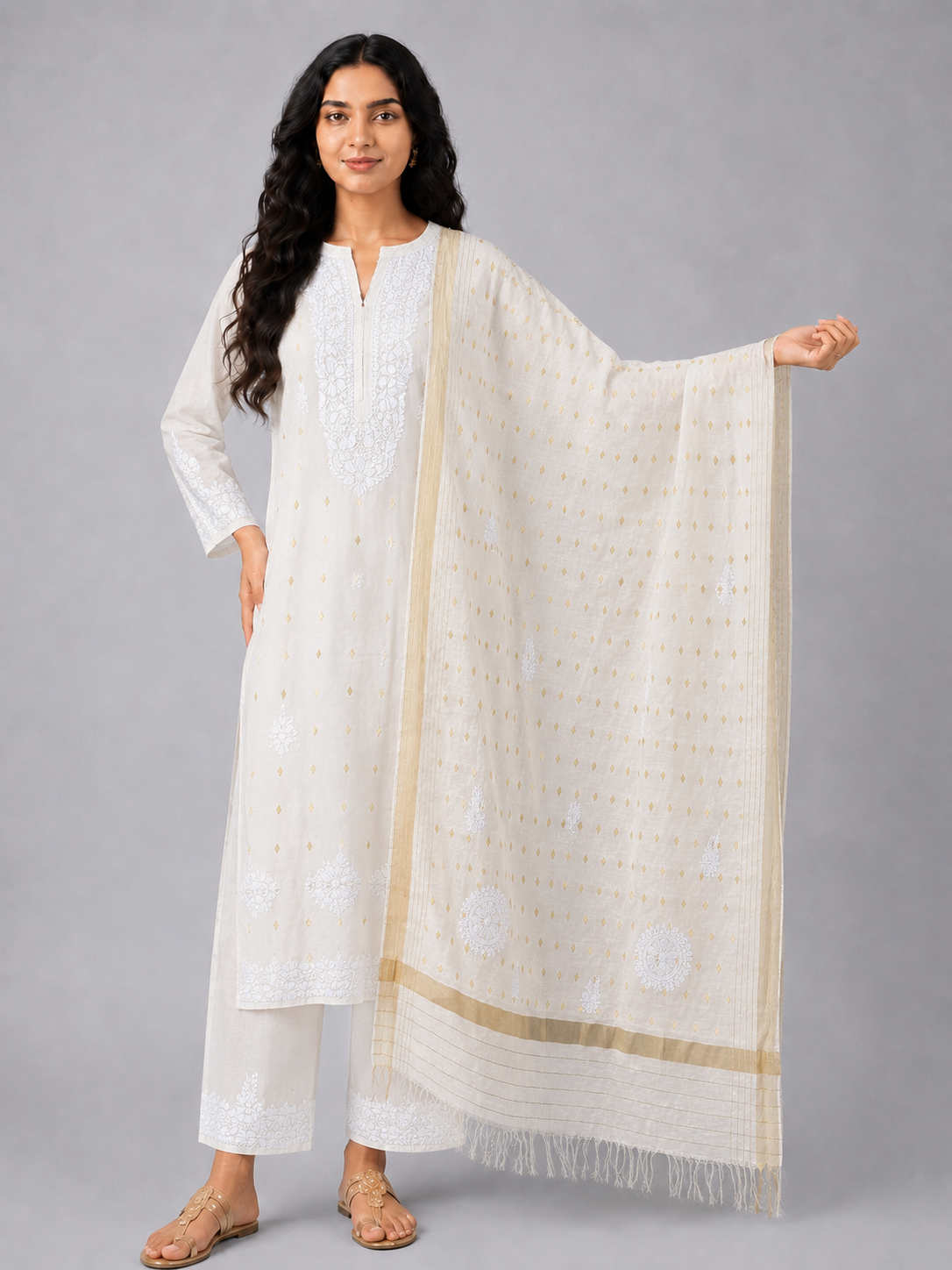 Brasso Off White Chanderi Chikankari Dupatta