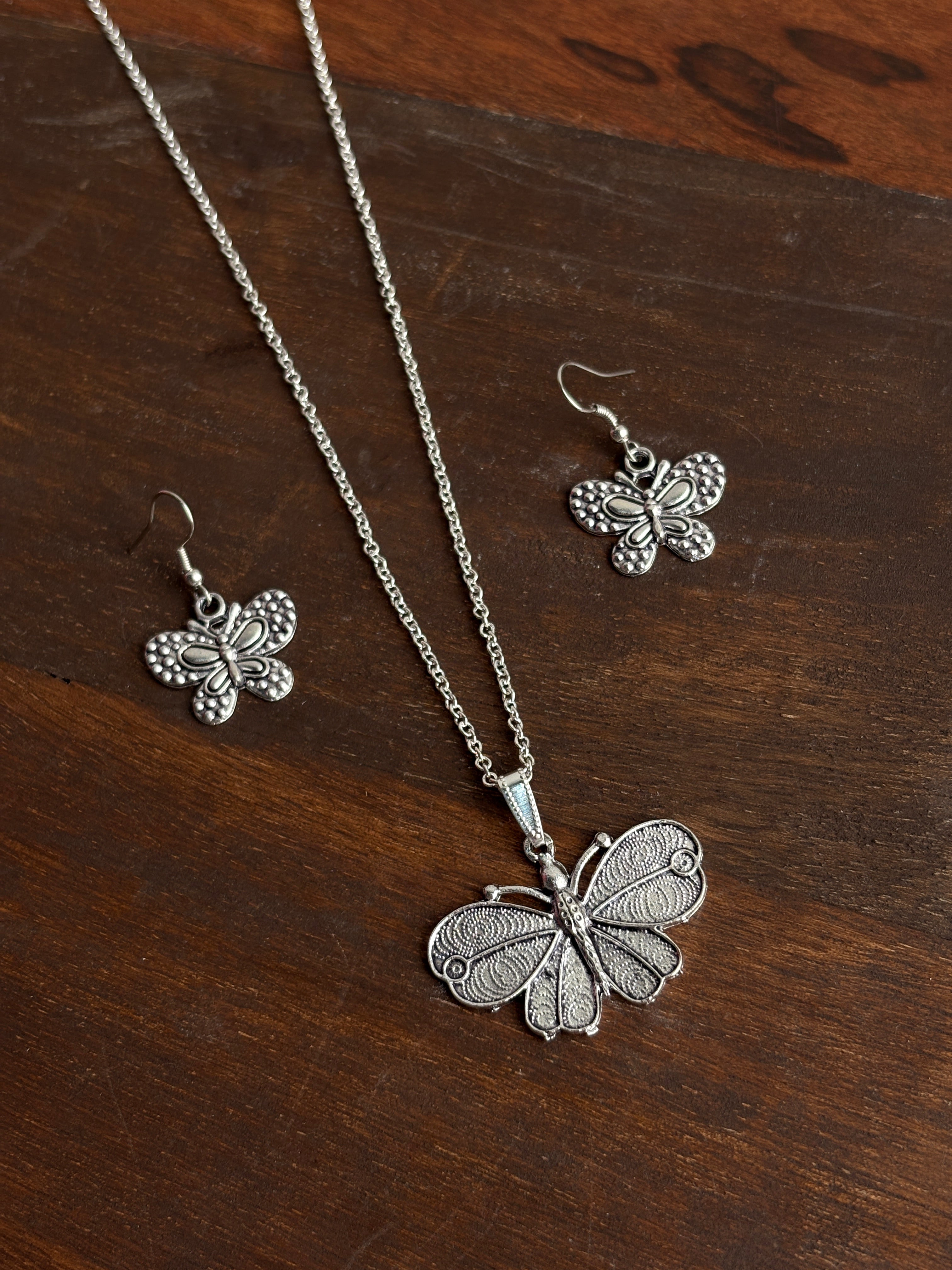 Titli Oxidised Silver Butterfly Pendant Necklace & Earrings Set