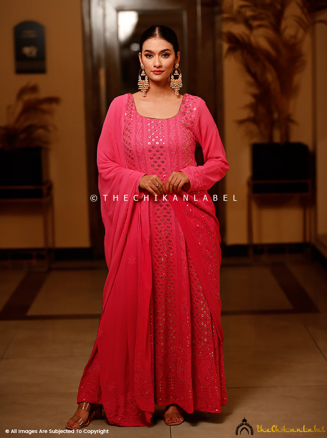 Candy Pink Gulmohar Viscose Chikankari Anarkali ,Chikankari Anarkali in Viscose Fabric For Woman