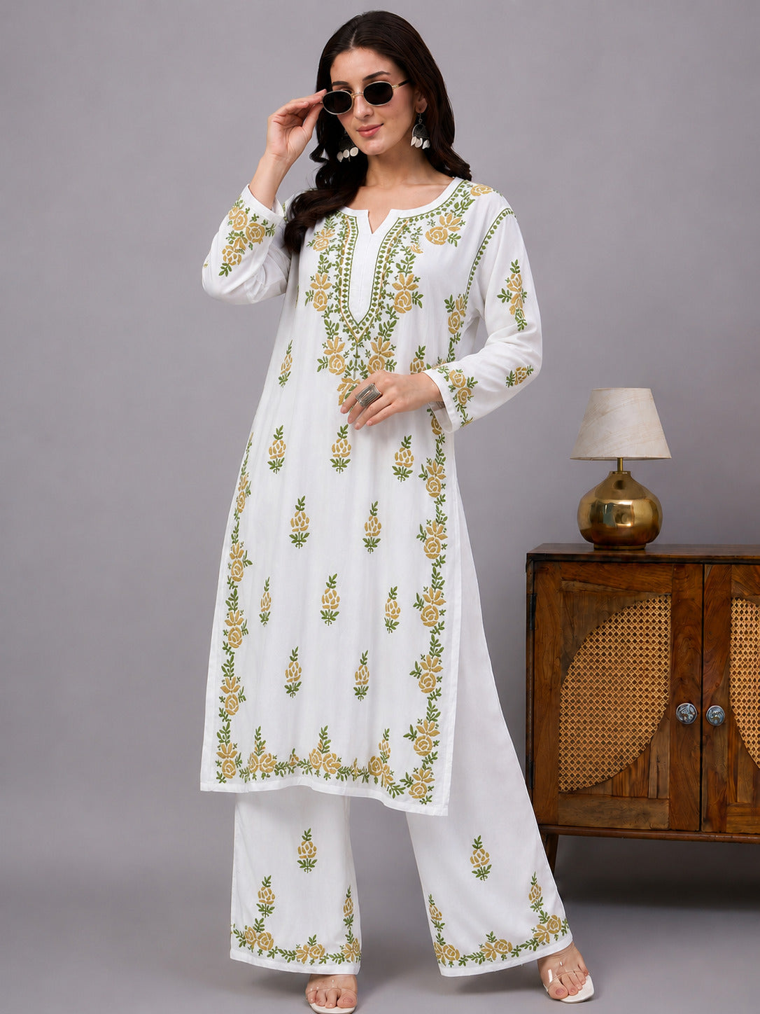 Chahak Rayon Chikankari Kurta Set - Beige