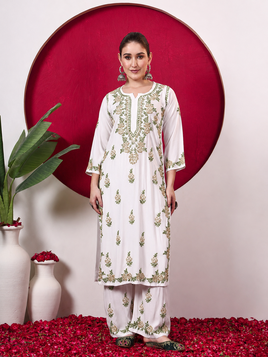 Chahak Rayon Chikankari Kurta Set - Beige