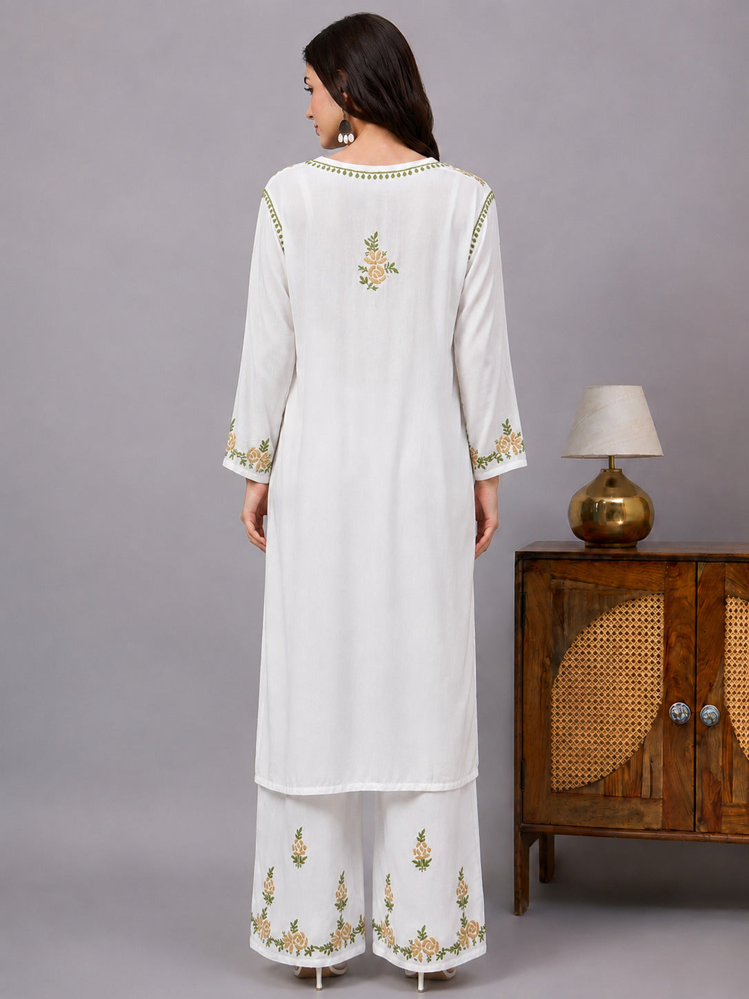 Chahak Rayon Chikankari Kurta Set - Beige