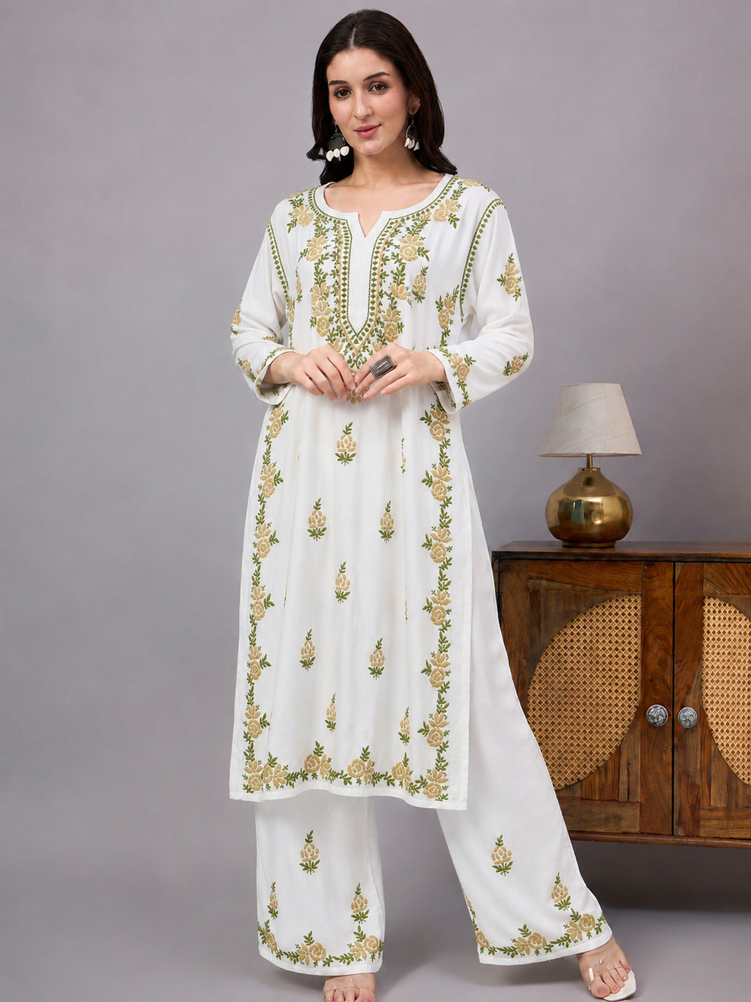 Chahak Rayon Chikankari Kurta Set - Beige