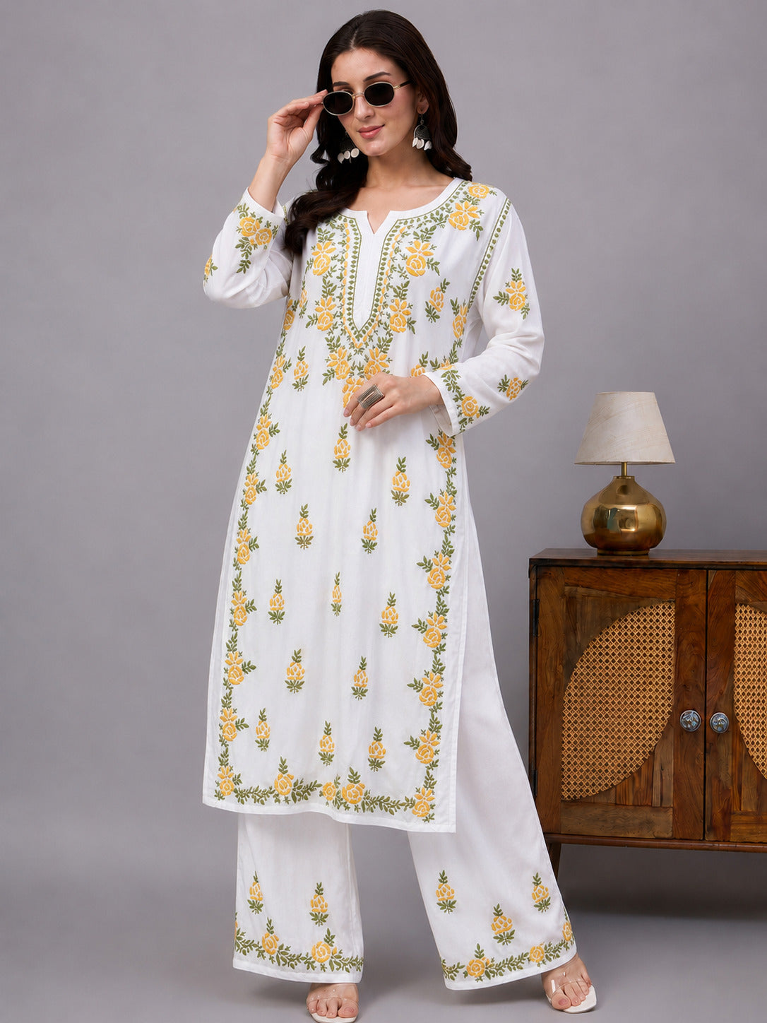 Chahak Rayon Chikankari Kurta Set - Yellow