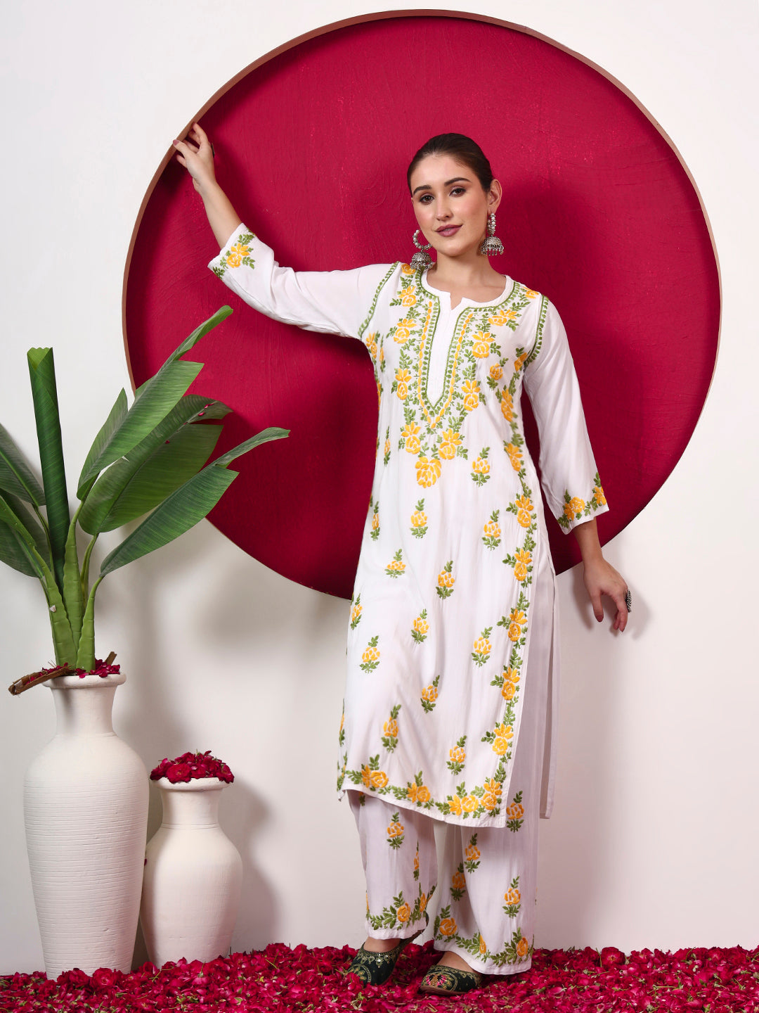 Chahak Rayon Chikankari Kurta Set - Yellow