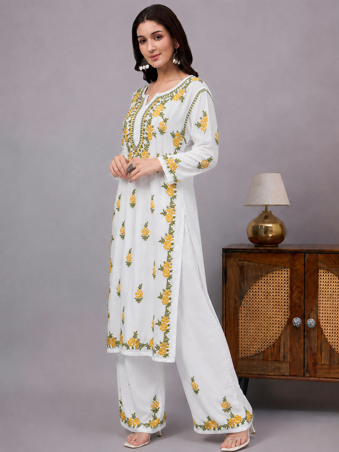 Chahak Rayon Chikankari Kurta Set - Yellow