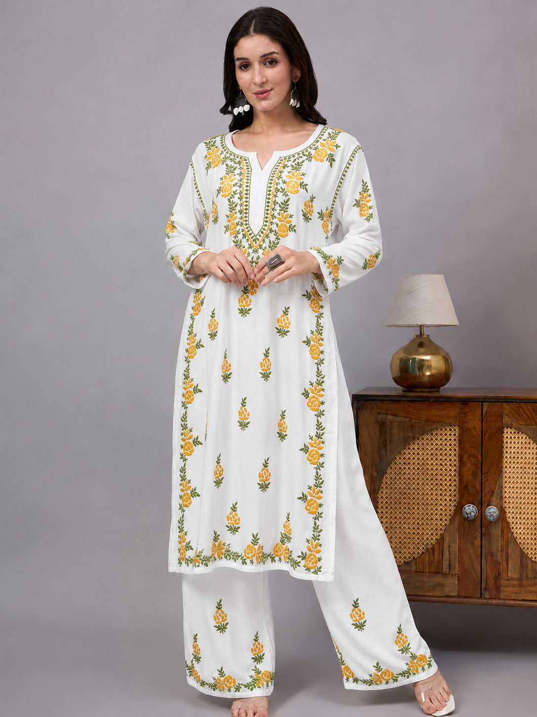 Chahak Rayon Chikankari Kurta Set - Yellow