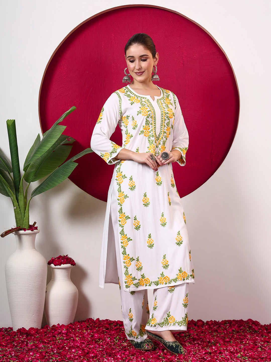 Chahak Rayon Chikankari Kurta Set - Yellow