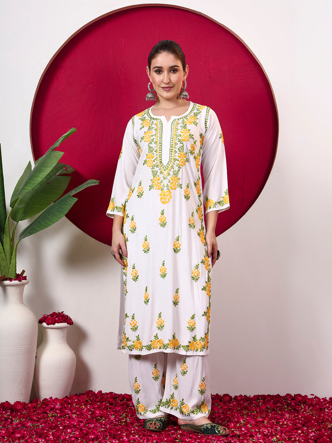 Chahak Rayon Chikankari Kurta Set - Yellow
