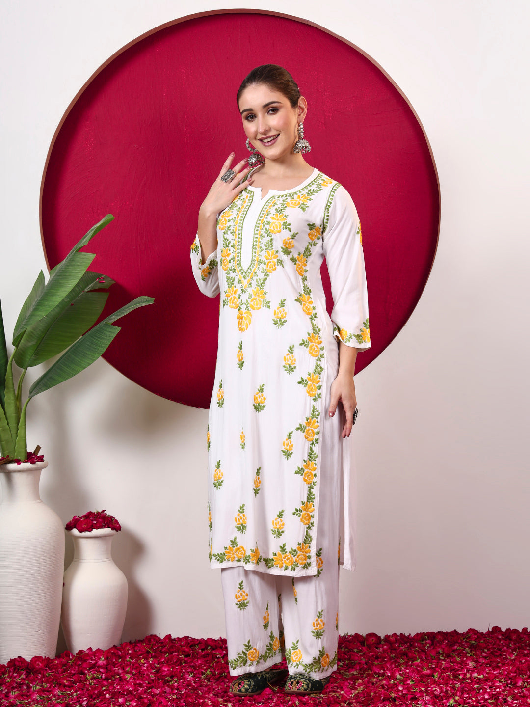 Chahak Rayon Chikankari Kurta Set - Yellow