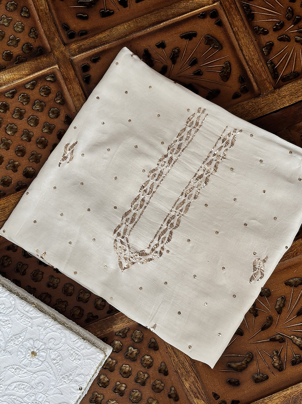 Chanderi men’s unstitched kurta fabric with authentic chikankari embroidery for ethnic wear.