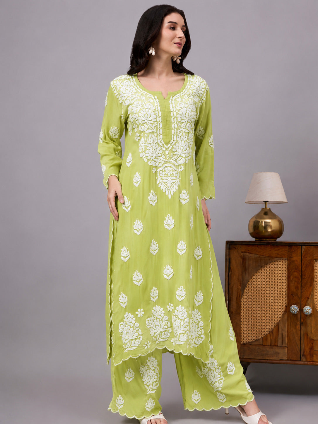 Najat Modal Chikankari Kurti Palazzo Set - Pista Green