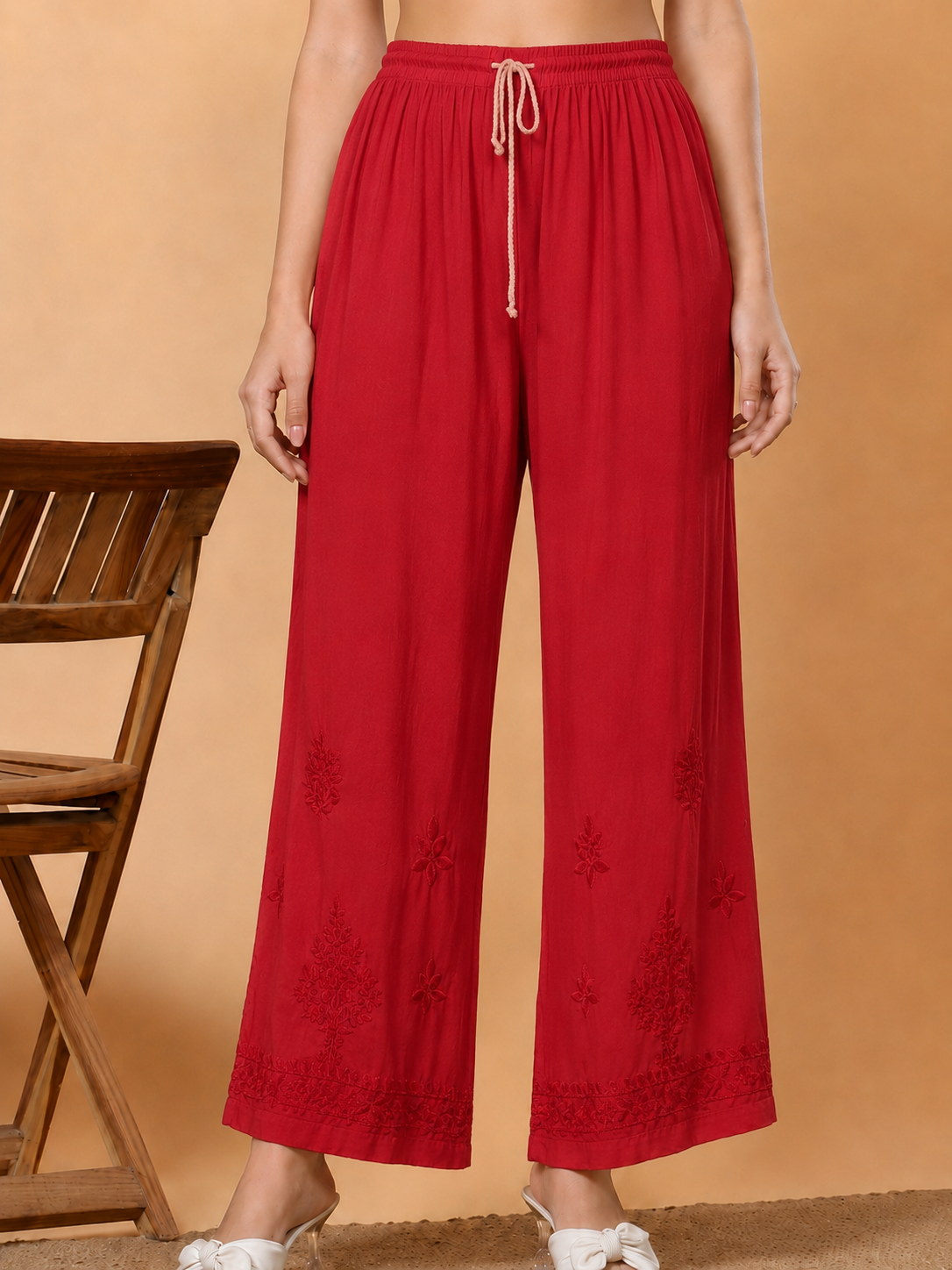 Modal Chikankari Straight Palazzo - Red
