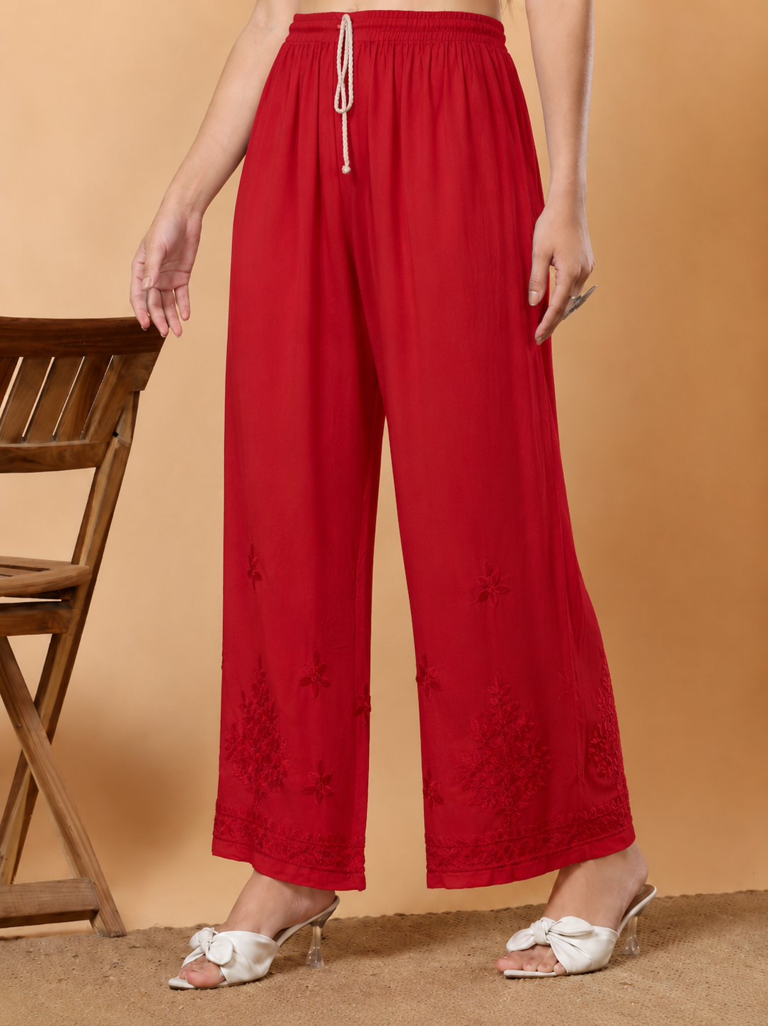 Modal Chikankari Straight Palazzo - Red