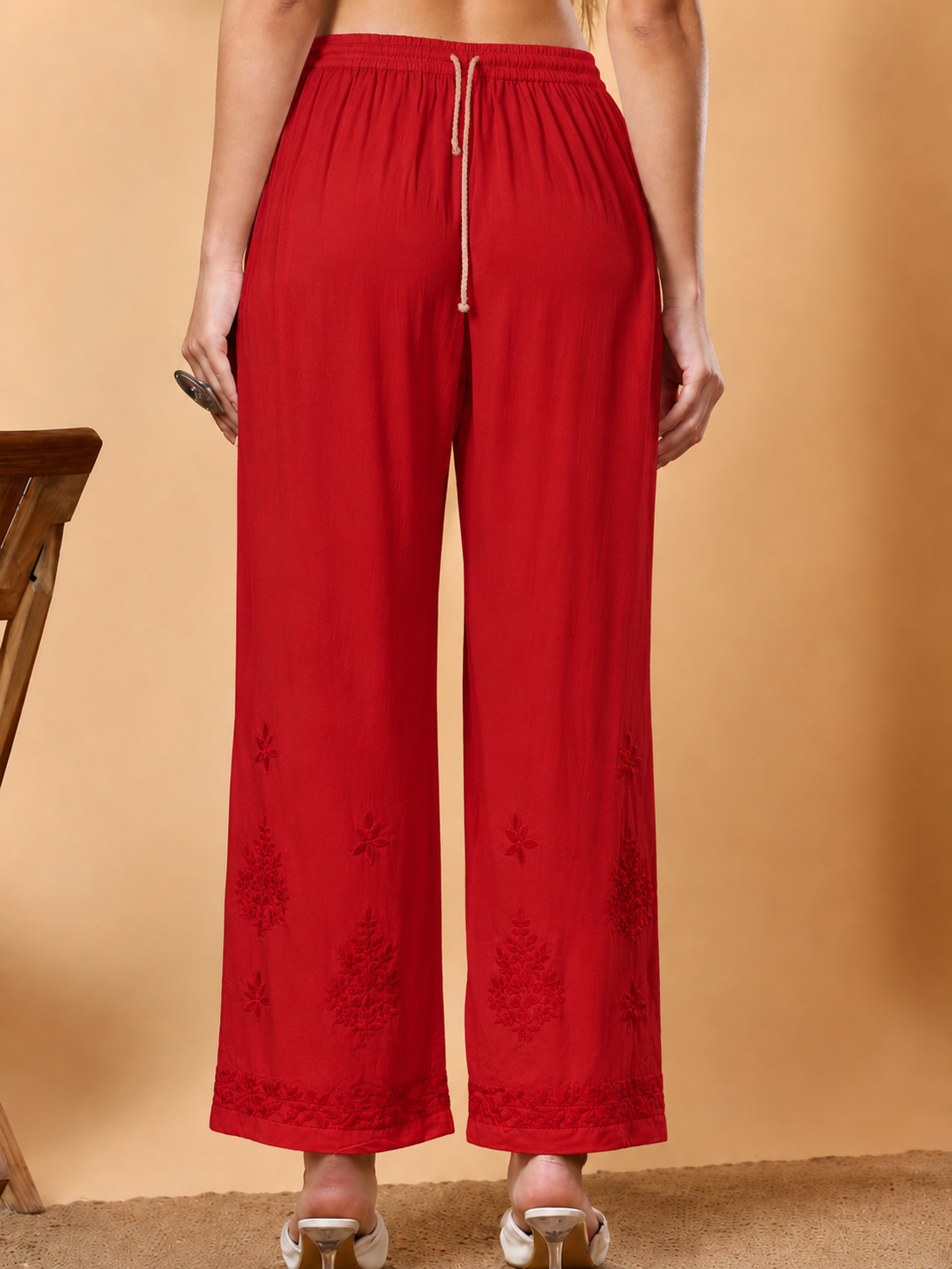 Modal Chikankari Straight Palazzo - Red