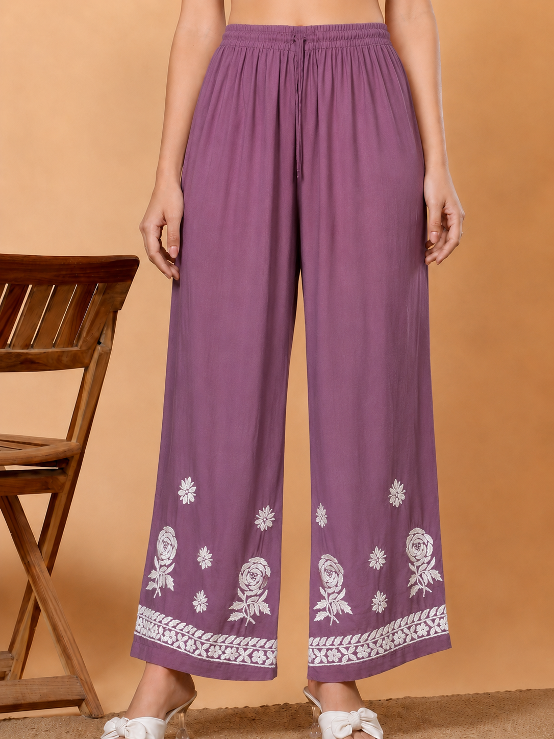 Modal Chikankari Straight Palazzo - Mauve