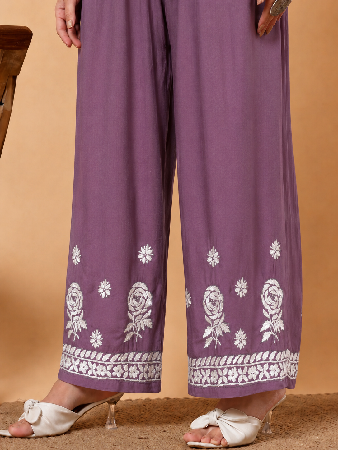 Modal Chikankari Straight Palazzo - Mauve