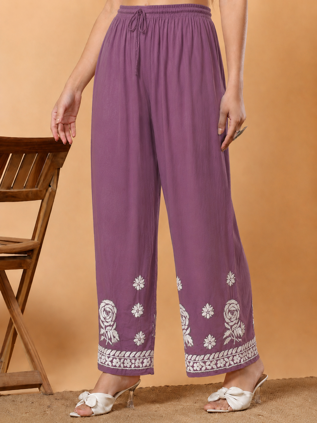 Modal Chikankari Straight Palazzo - Mauve