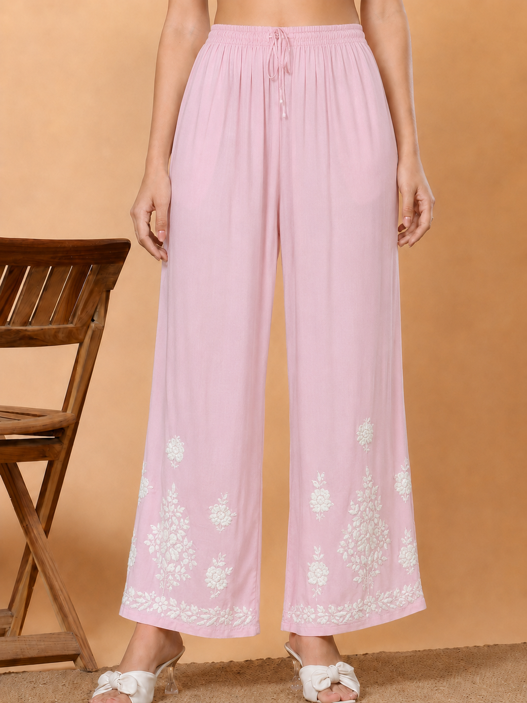 Modal Chikankari Straight Palazzo - Pink