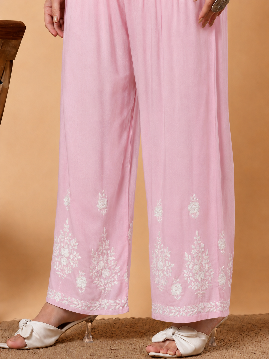 Modal Chikankari Straight Palazzo - Pink
