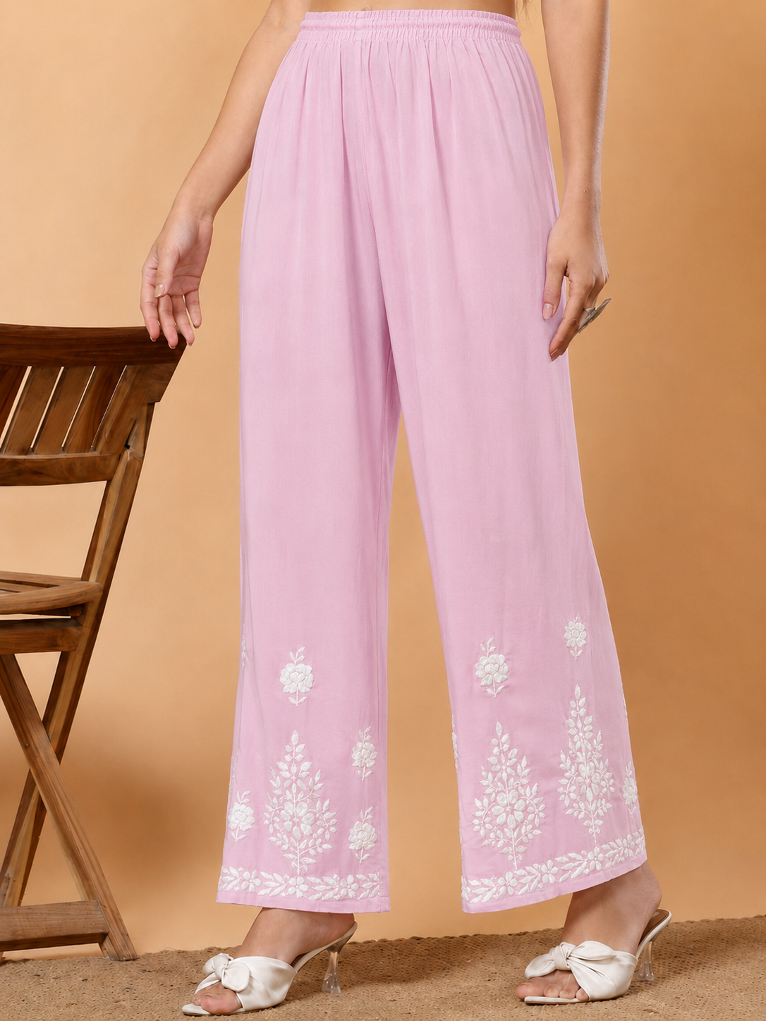 Modal Chikankari Straight Palazzo - Pink