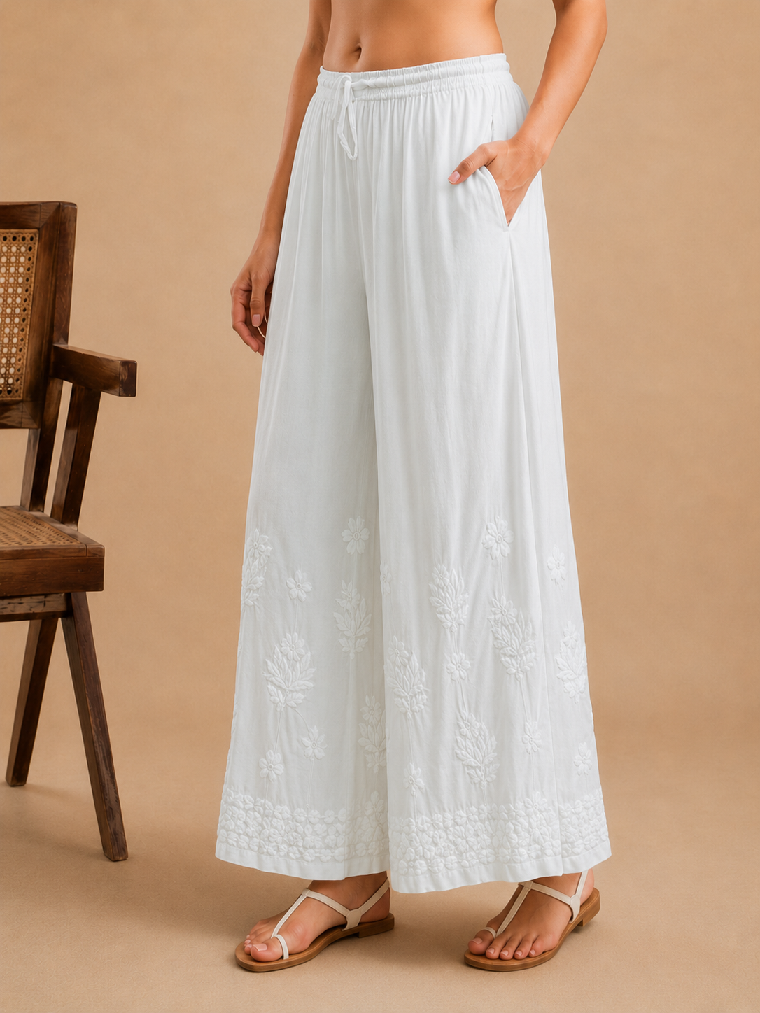 Botanical Modal Chikankari Wide Leg Palazzo - White