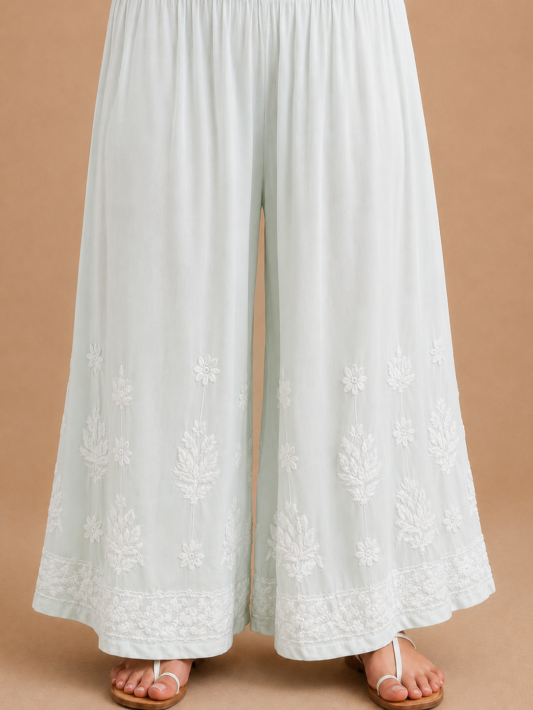 Botanical Modal Chikankari Wide Leg Palazzo - White