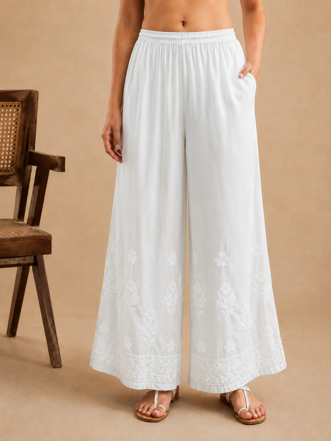 Botanical Modal Chikankari Wide Leg Palazzo - White