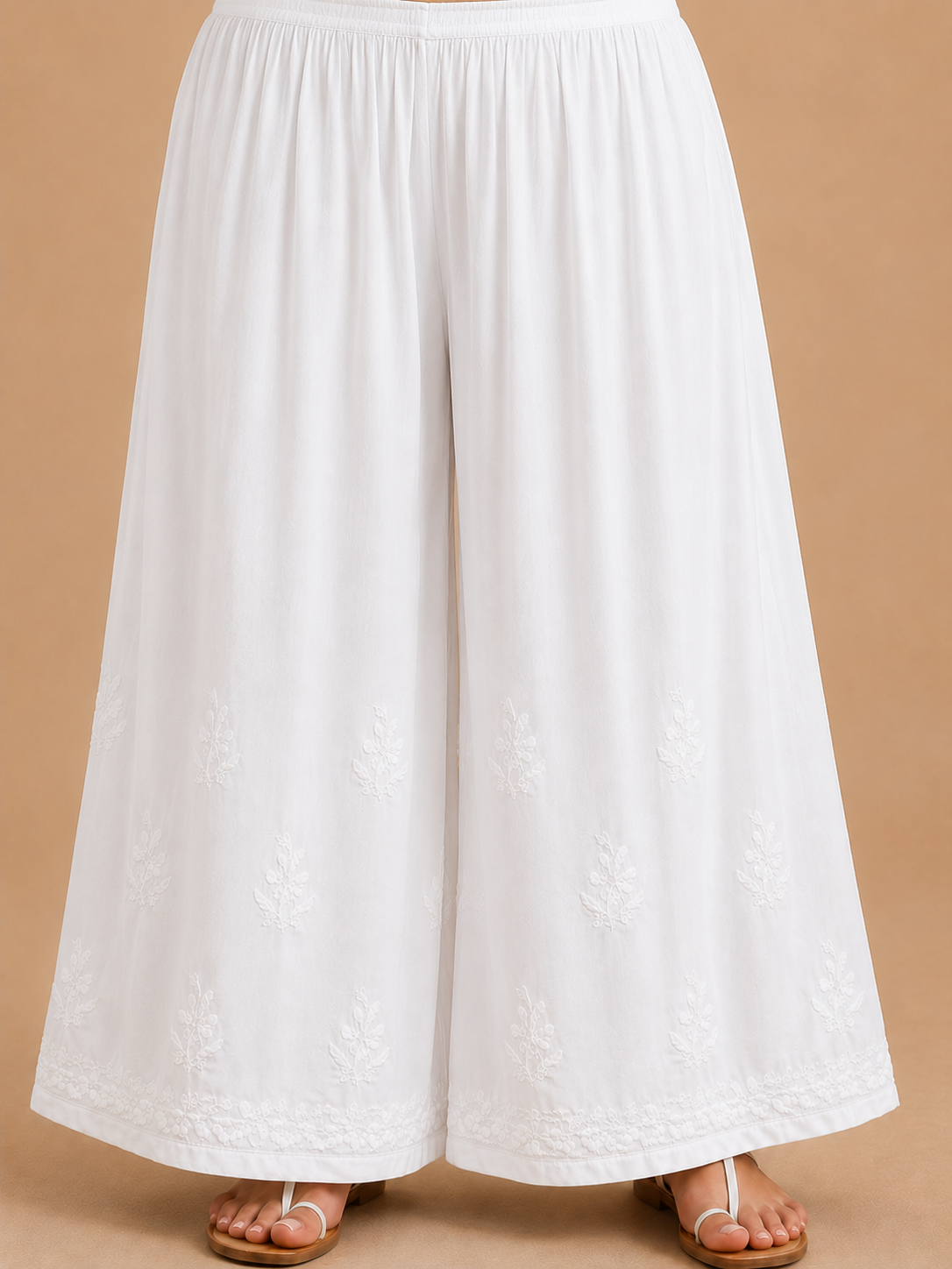 Premium Modal Chikankari Wide Leg Palazzo - White