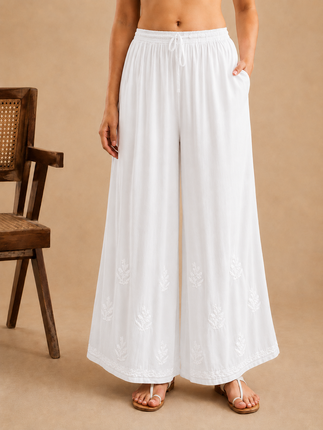 Premium Modal Chikankari Wide Leg Palazzo - White