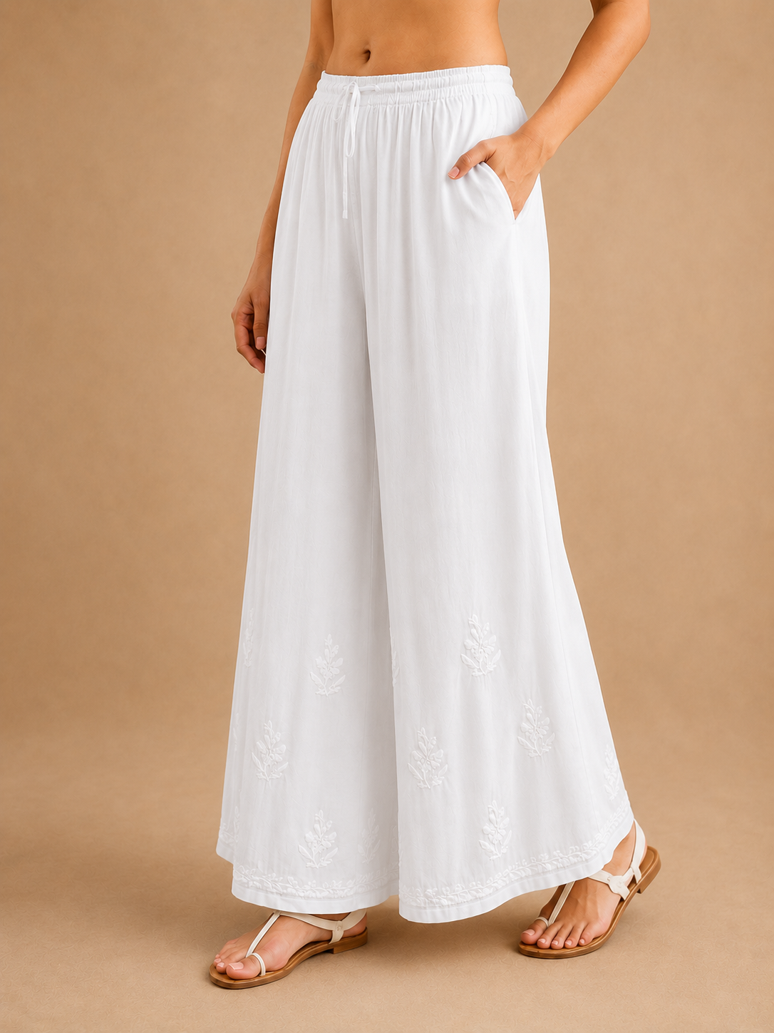 Premium Modal Chikankari Wide Leg Palazzo - White