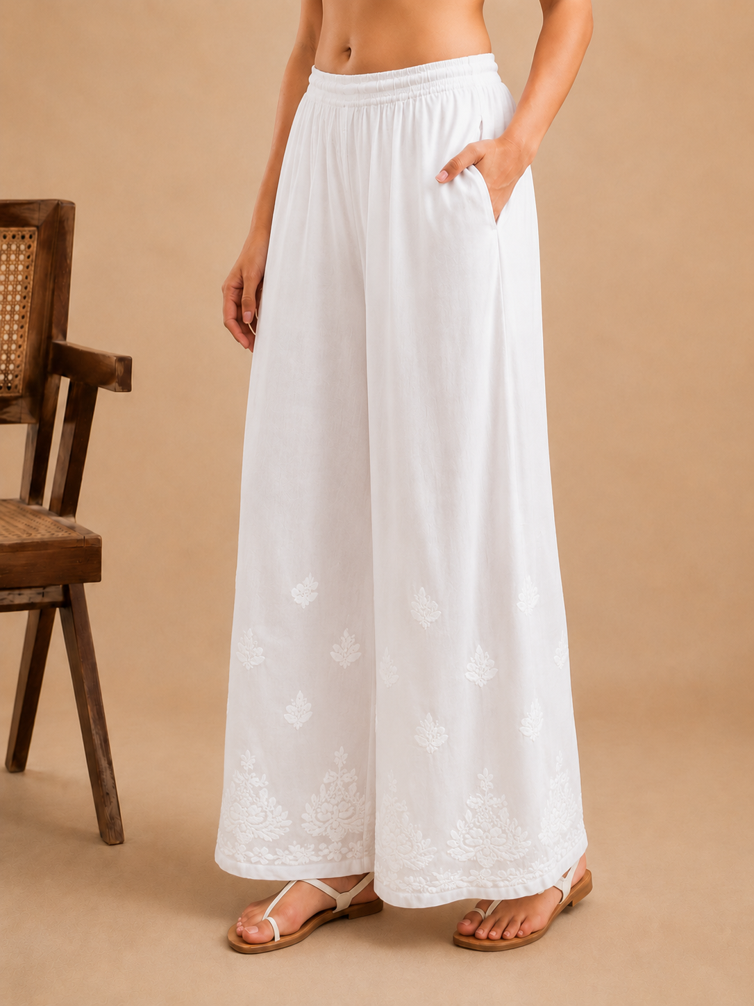Petal Modal Chikankari Wide Leg Palazzo - White