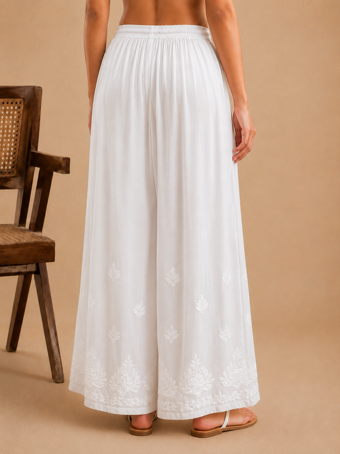 Petal Modal Chikankari Wide Leg Palazzo - White