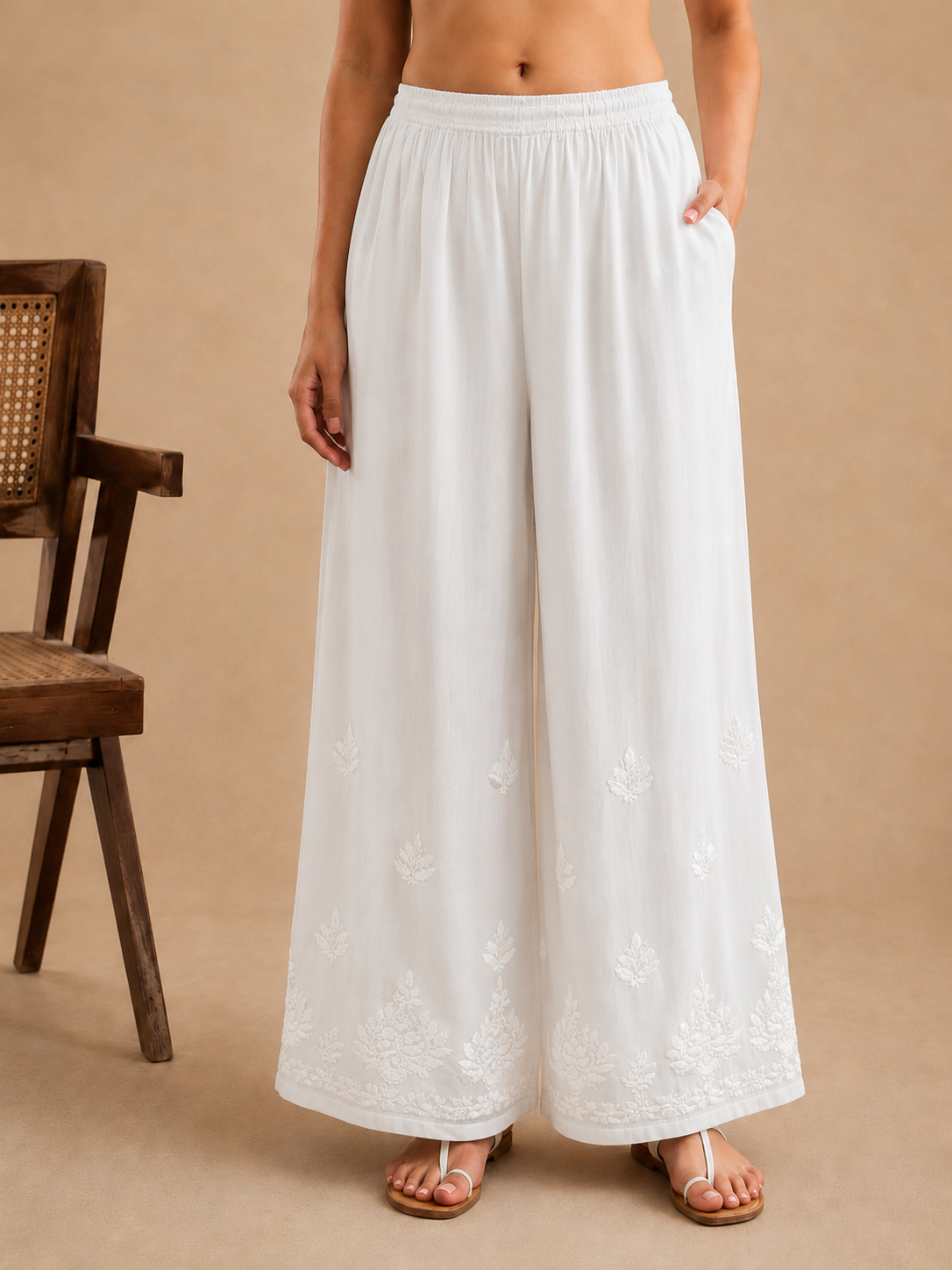 Petal Modal Chikankari Wide Leg Palazzo - White