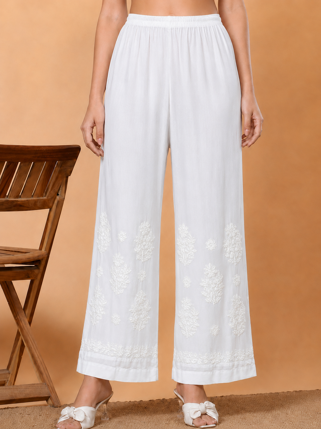 Gulbahar Modal Chikankari Straight Palazzo - White
