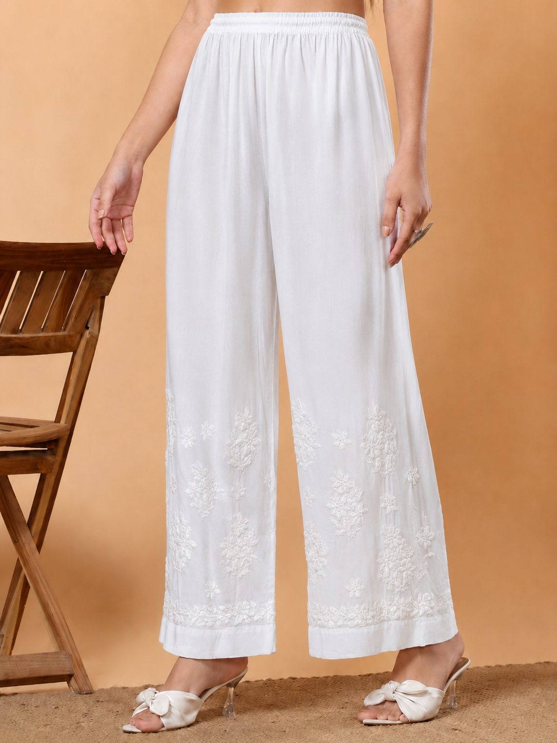 Gulbahar Modal Chikankari Straight Palazzo - White