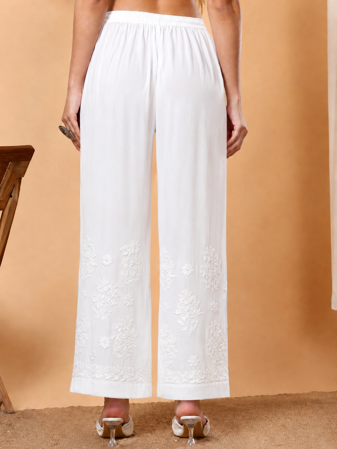 Gulbahar Modal Chikankari Straight Palazzo - White