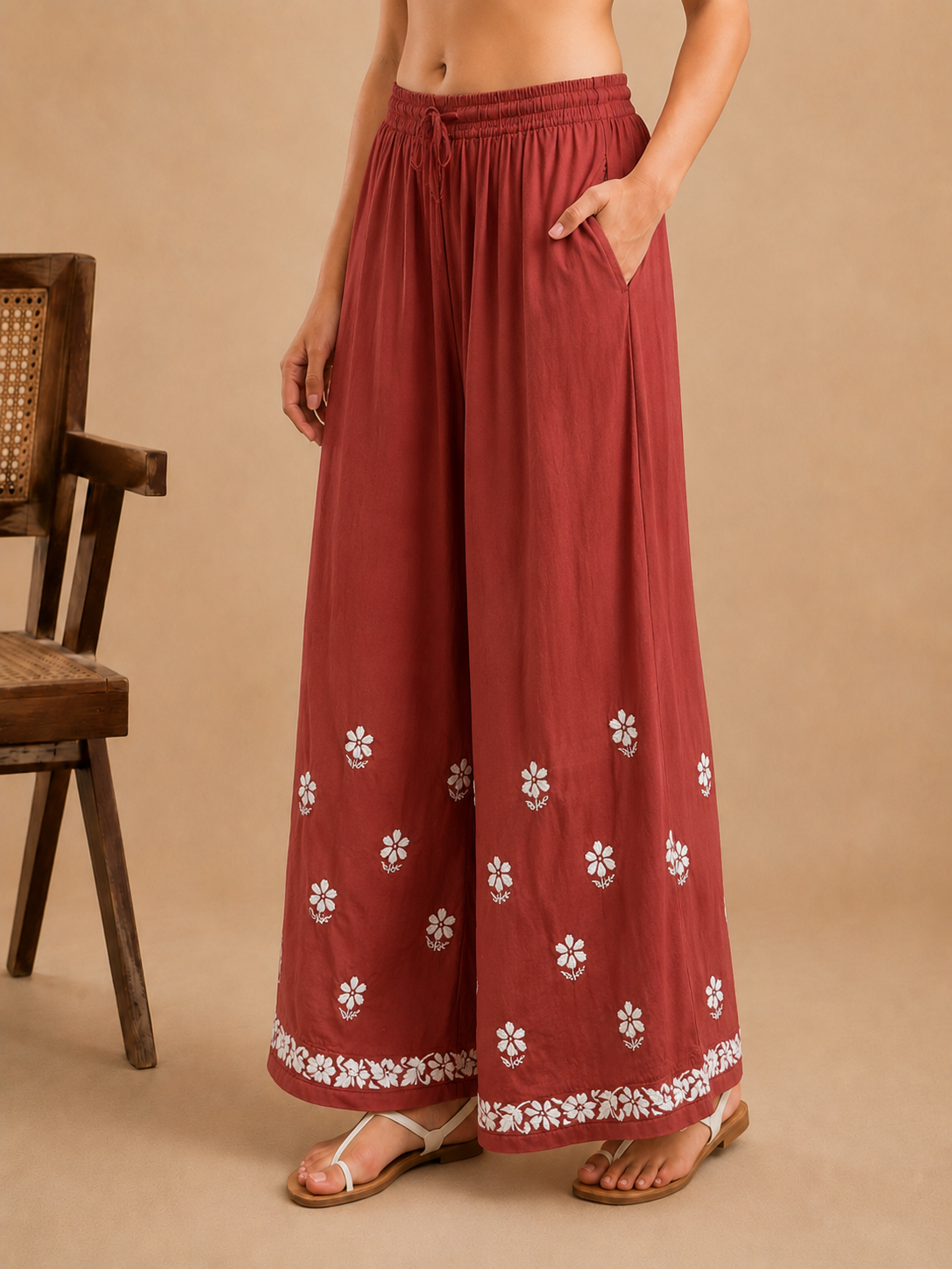 Modal Chikankari Wide Leg Palazzo - Coral