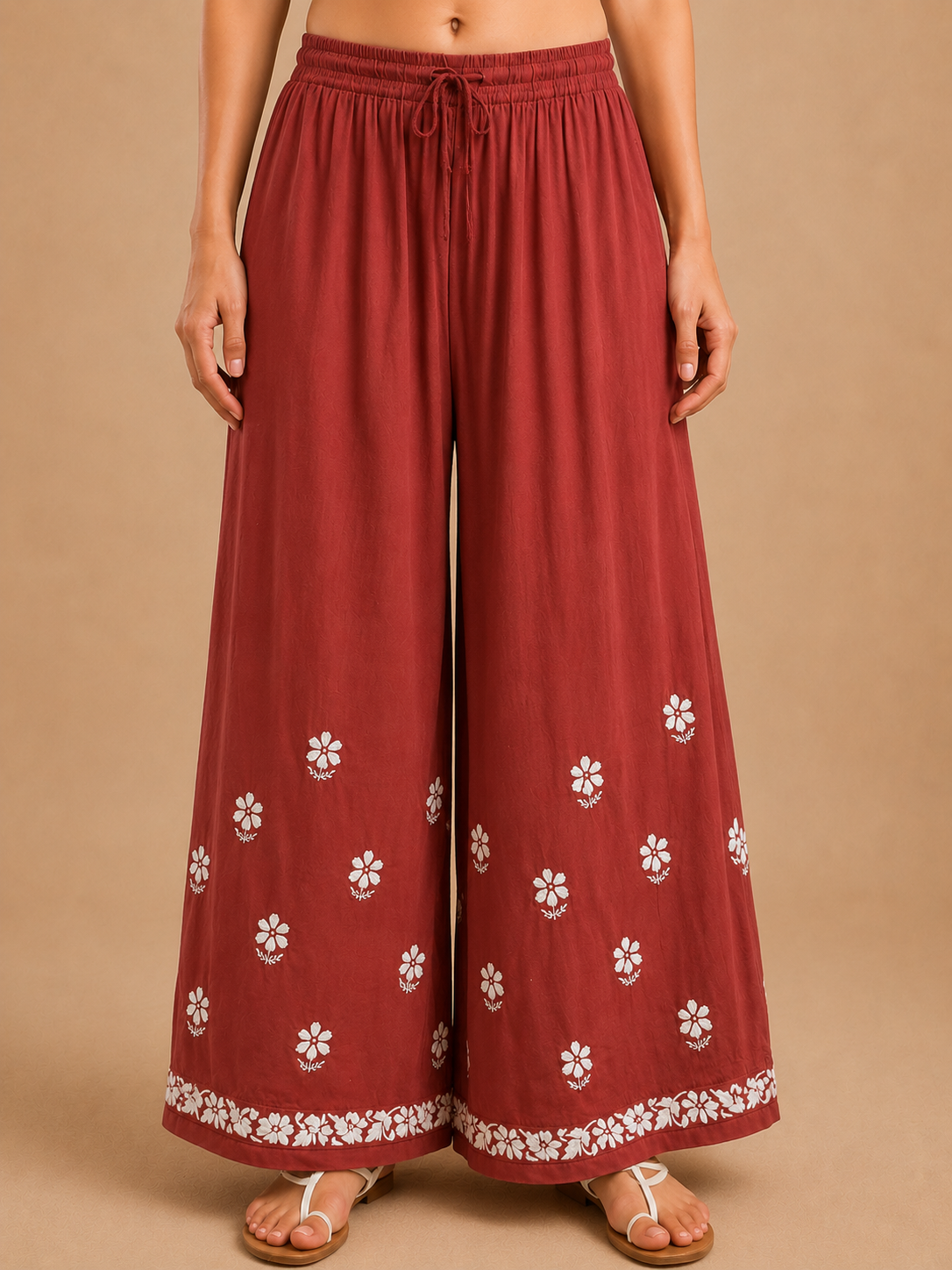 Modal Chikankari Wide Leg Palazzo - Coral