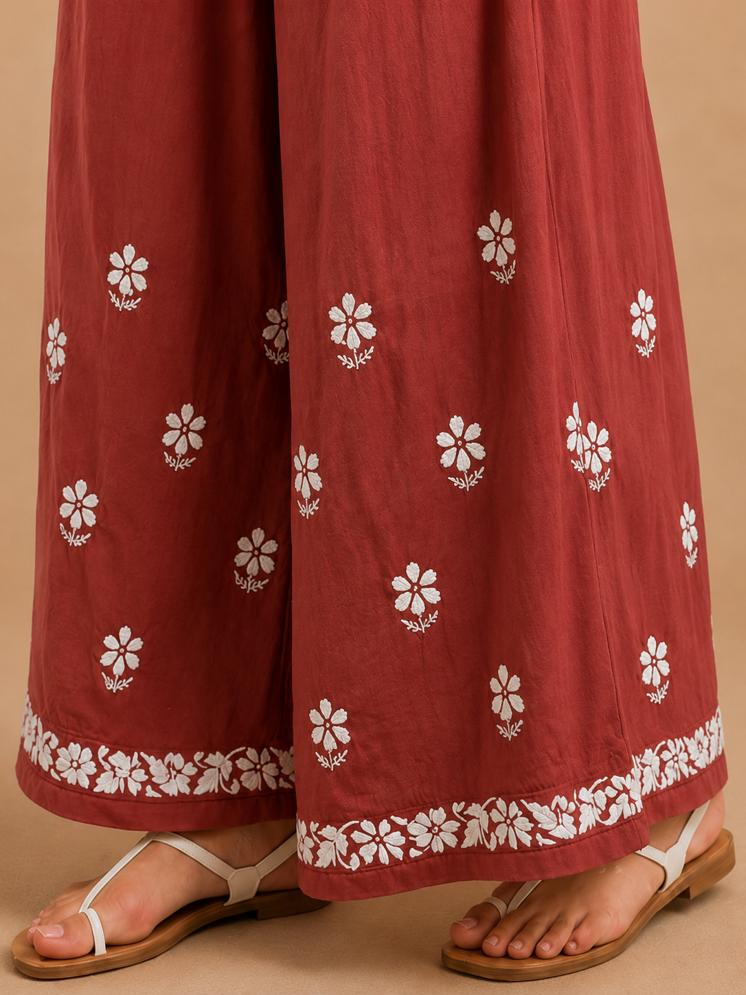 Modal Chikankari Wide Leg Palazzo - Coral