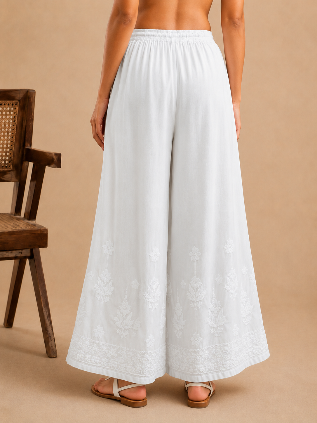 Botanical Modal Chikankari Wide Leg Palazzo - White