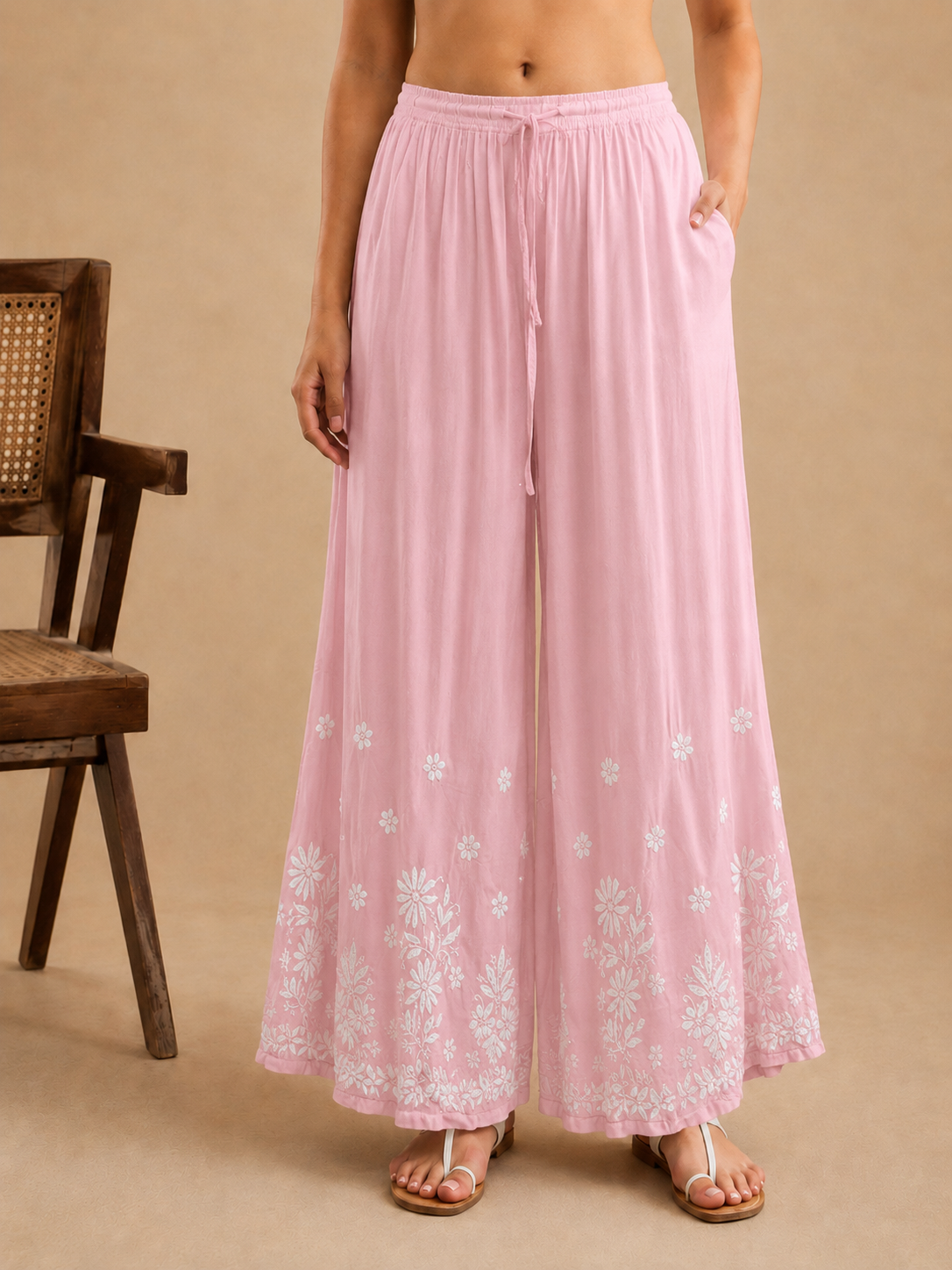 Modal Chikankari Kalidar Palazzo - Pink