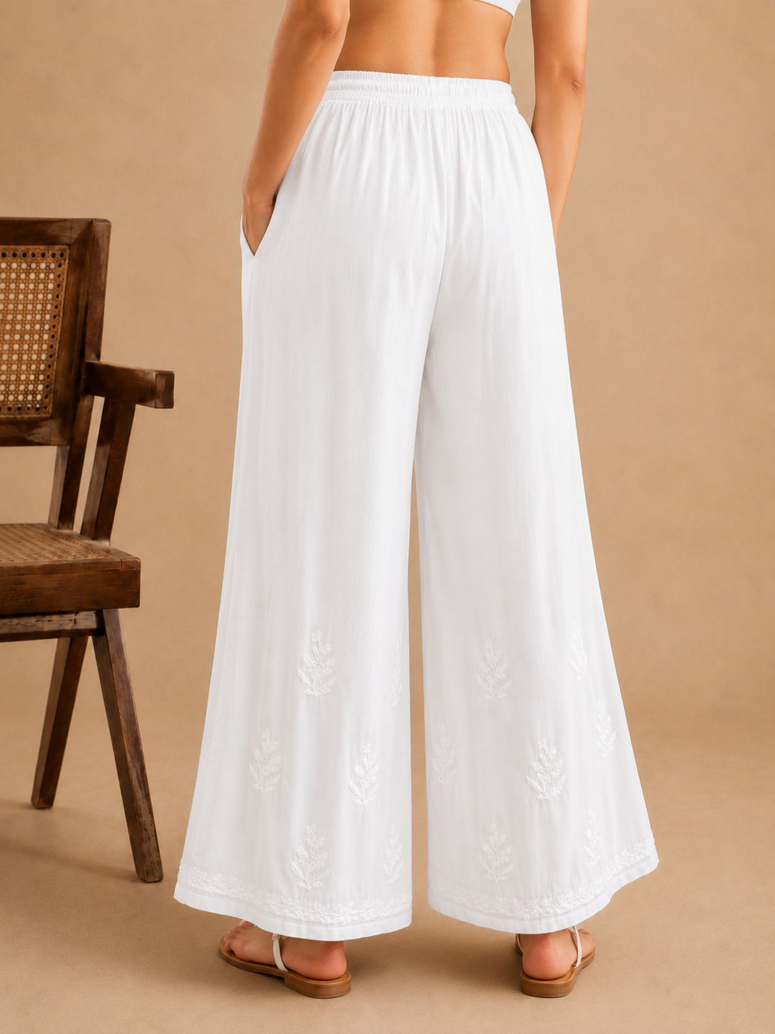 Premium Modal Chikankari Wide Leg Palazzo - White