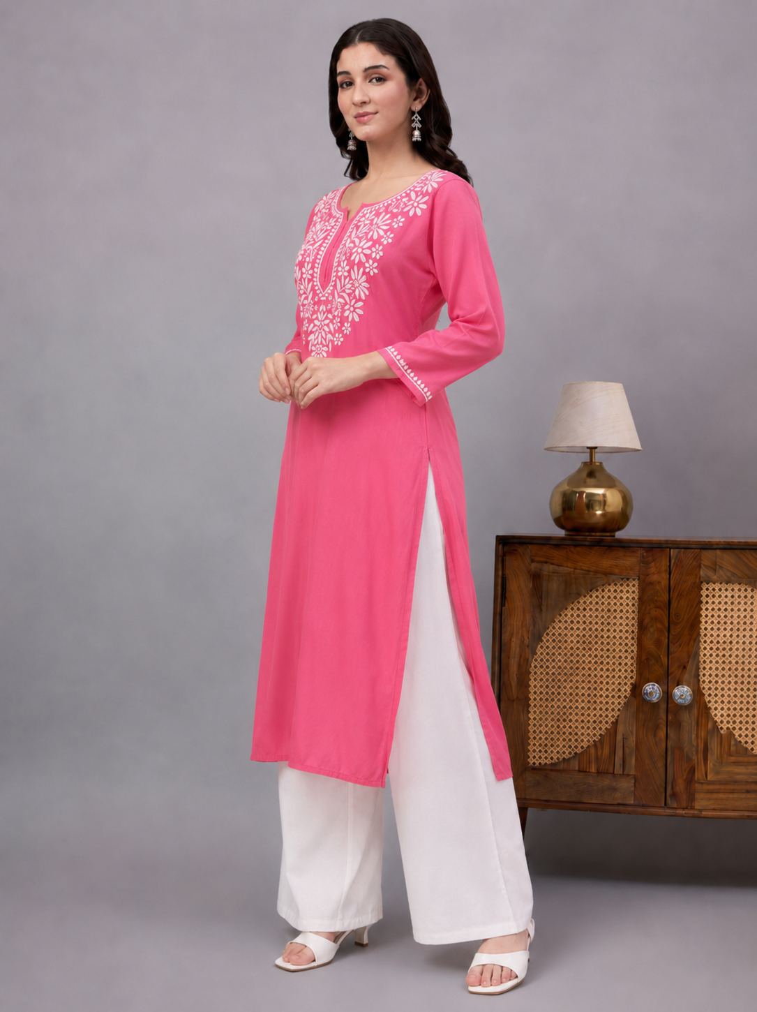 Rayon Chikankari Straight Kurti - Pink