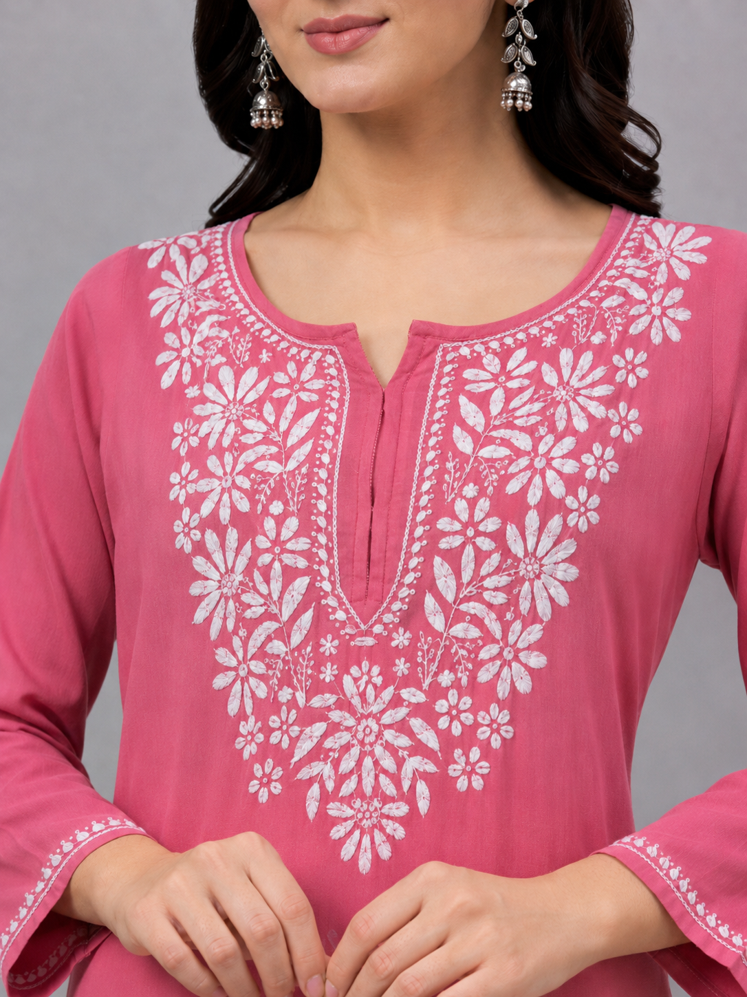 Rayon Chikankari Straight Kurti - Pink